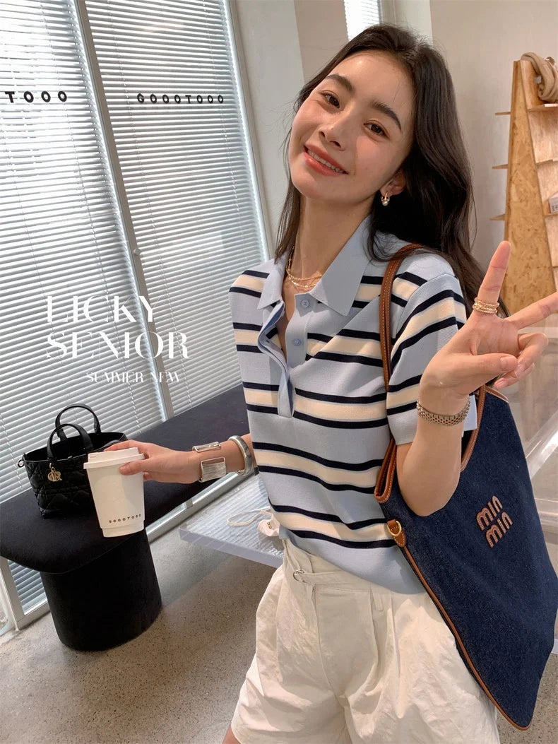 Striped POLO Neck Ice Silk Short Sleeved Women's Summer Thin Fashion Loose Lapel Knit Top