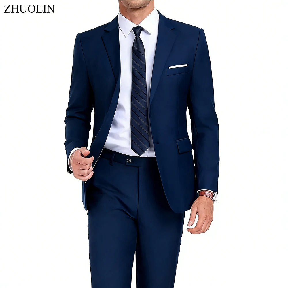 Men's 2 Piece Suit Set Solid Color Elegant Wedding Formal Business Dress Blazer Vest Pants Classic Tuxedo for Party Groomsmen