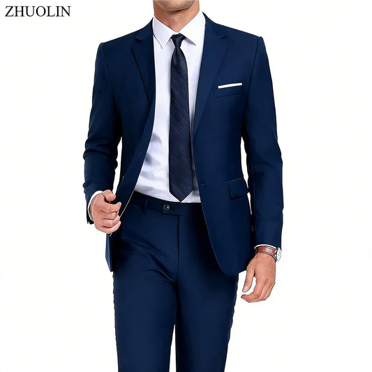 Men's 2 Piece Suit Set Solid Color Elegant Wedding Formal Business Dress Blazer Vest Pants Classic Tuxedo for Party Groomsmen