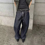 MWJLPWQ Button Design Machete Denim Baggy Jeans Men's High Street Edge Selvedge Niched Hiphop Loose Long Wide Leg Pants 12377