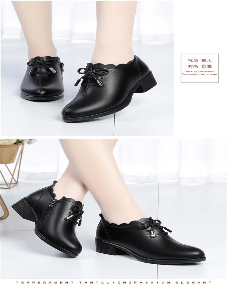 CINESSD 2023 New Fashion Lace Leather Platform Pumps Korean Style Casual Waterproof Pointed Toe Shoes for Women Spring Autumn