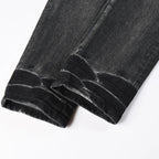Men's Fashionable Black/Gray Jeans with Pleats Nostalgic Perforations Red Patches Washed Water High Street Style