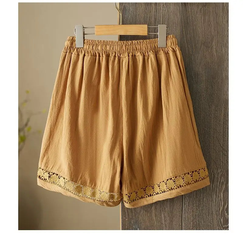 Women's Summer Retro Hollow Lace Trim Linen Shorts Elastic Drawstring Waist Casual Commute Wide Leg Pants