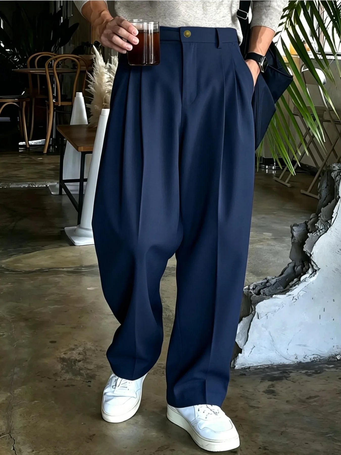Men Double Pleated Wide Leg Suit Pants Korean Clean Fit Draped Slacks Loose Baggy Trousers Business Office Casual Streetwear  Pa