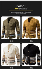 Men's Cable Knit Fair Isle Geometric Striped Cardigan V Neck Button Front Pocket Long Sleeve Sweater Autumn Winter Casual
