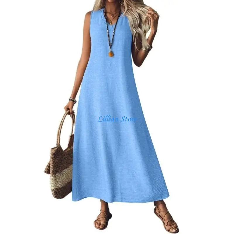 Q1FA Summer Dresses for Women Cotton Linen Maxi Dress Casual Sleeveless Long Sundress Vacation Outfits