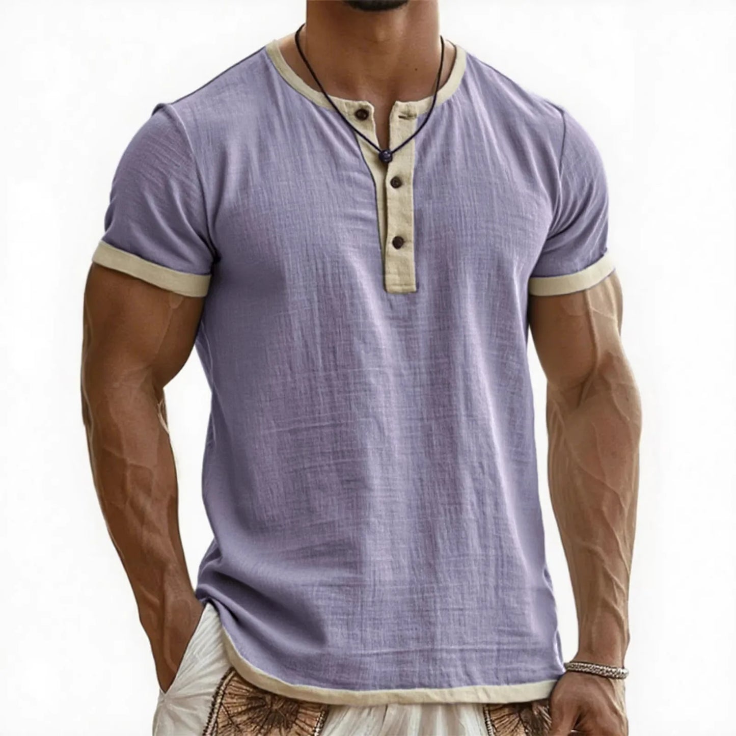 Summer New Men's Cotton Linen Shirt Casual Contrast Trim Short Sleeve Top Breathable Comfort Slim Fit Sports Casual Shirt