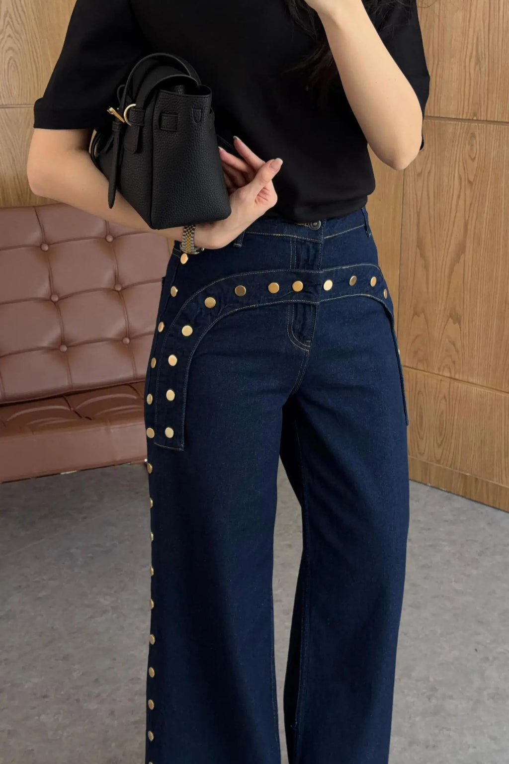 KT 2026 New Women's Dark Blue Wide Leg Jeans Gold Studded Detail High Waist Pocket Decorative Denim Pants
