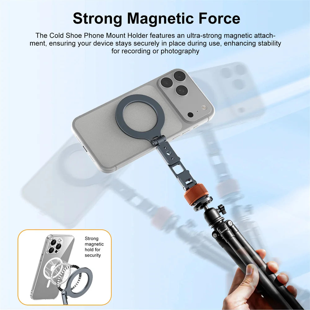 For MagSafe Phone Tripod Holder Mount Aluminum Magnetic Mount Adapter with 1/4” Screw Cold Shoe for iPhone 17 16 15 14 13