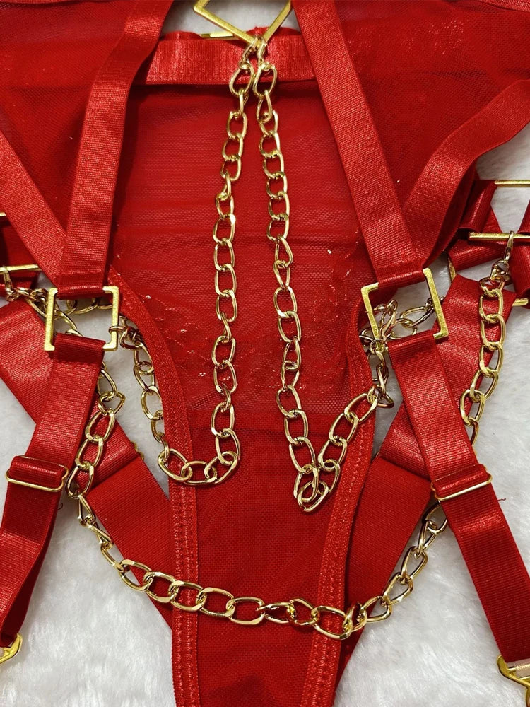 Belamimi 4 Piece Set Sexy Chain Halter Underwear Set For Women Erotic Lingerie Temptation Sexy Role Play Chain Underwear Set