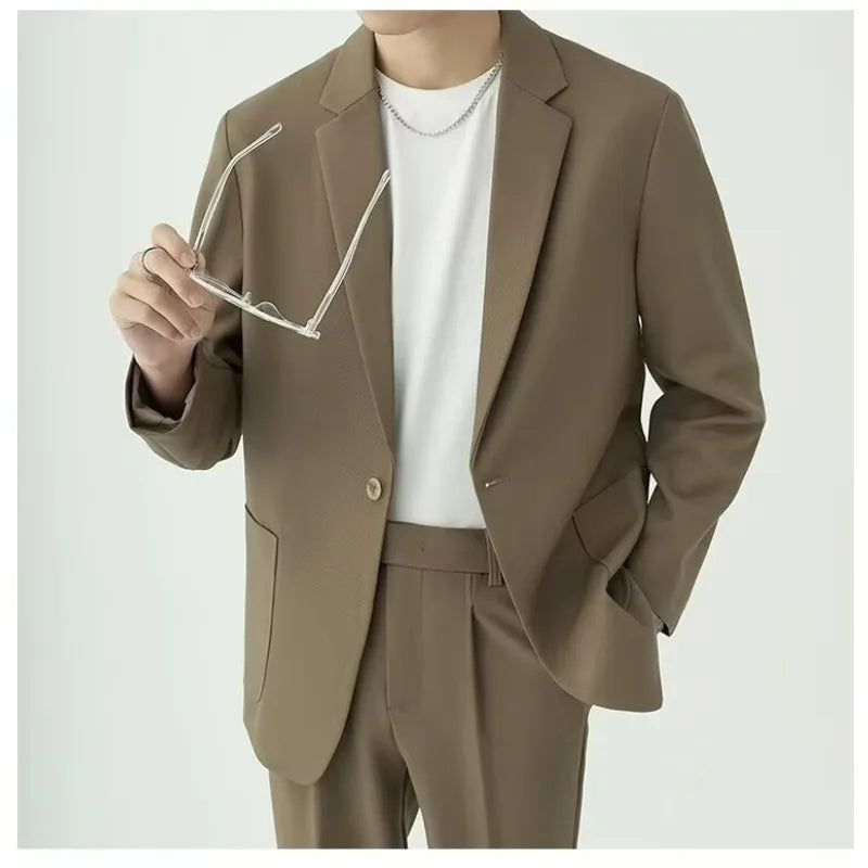 KIDWHXR Men 2-piece Outfit Loose Single-breasted Blazer Male Straight-leg Pant Man Korean Simple Solid Business Casual Suit Set