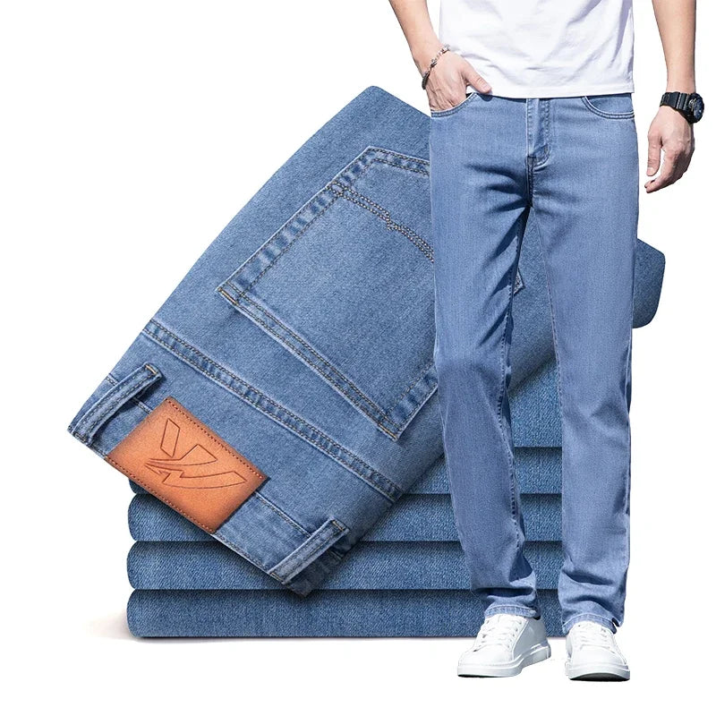 2026 Stretch Men's Fitted Straight Jeans Korean Youthful Vitality Spring Summer Thin Breathable Cotton  Lightweight Trousers