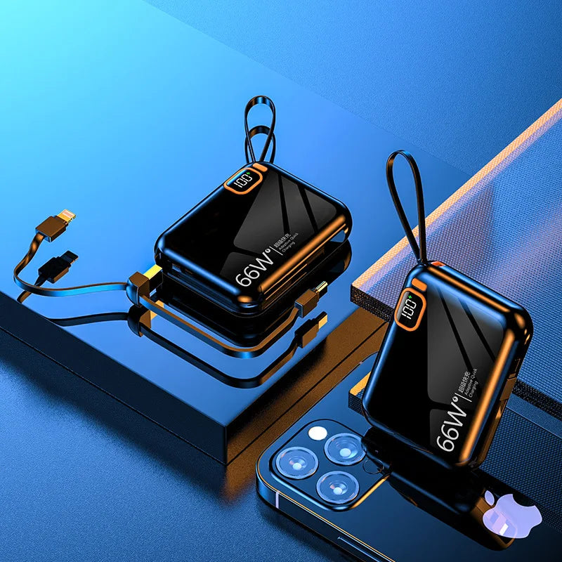 66W 10000/20000mAh Power Bank for IPhone Huawei and Samsung Mobile Phones Built-in Cable PD Two-way Power Bank