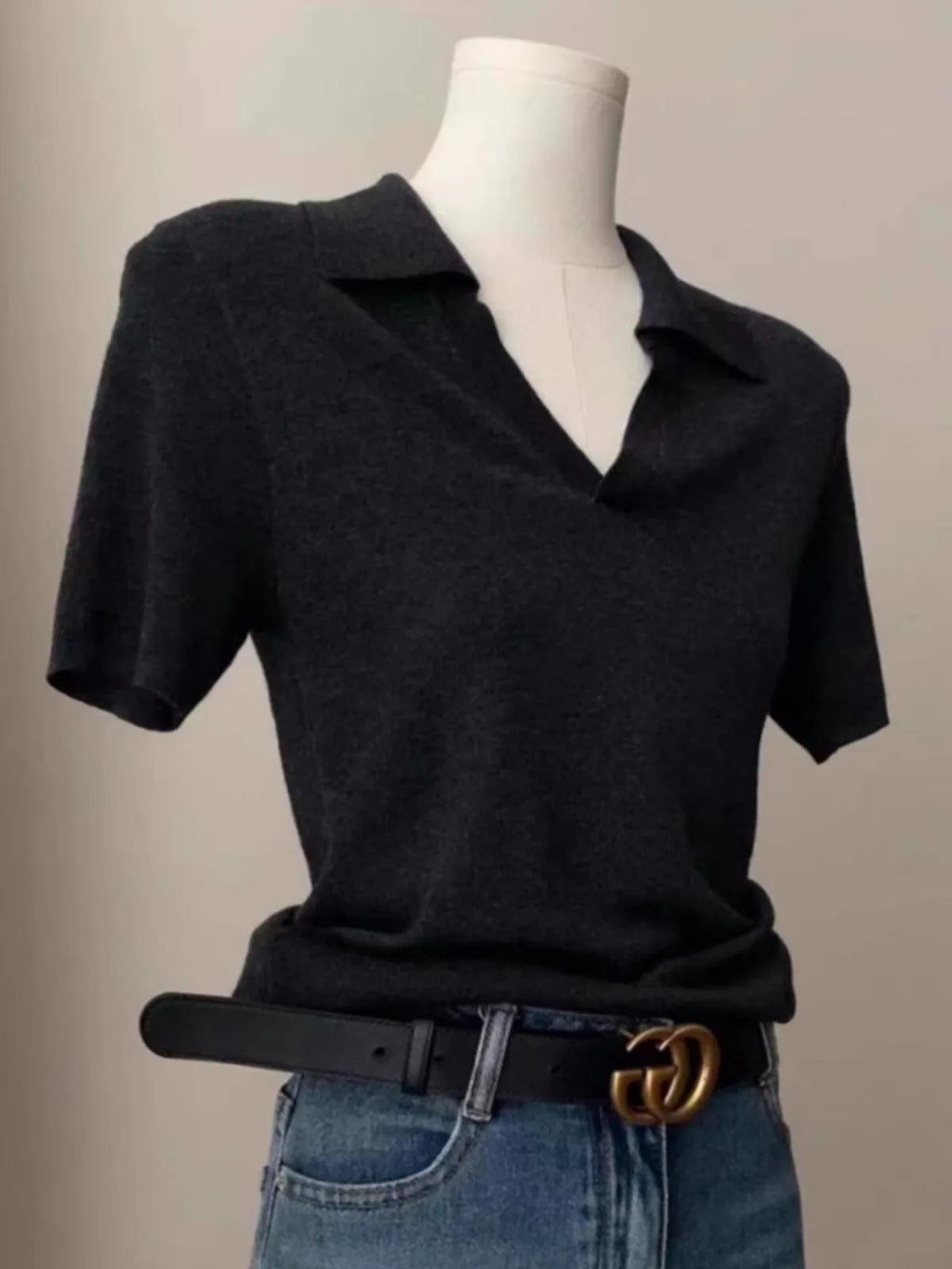French short shoulder sleeve women's lapel knit top women's spring and summer thin ice silk polo collar  of solid color T-shirt