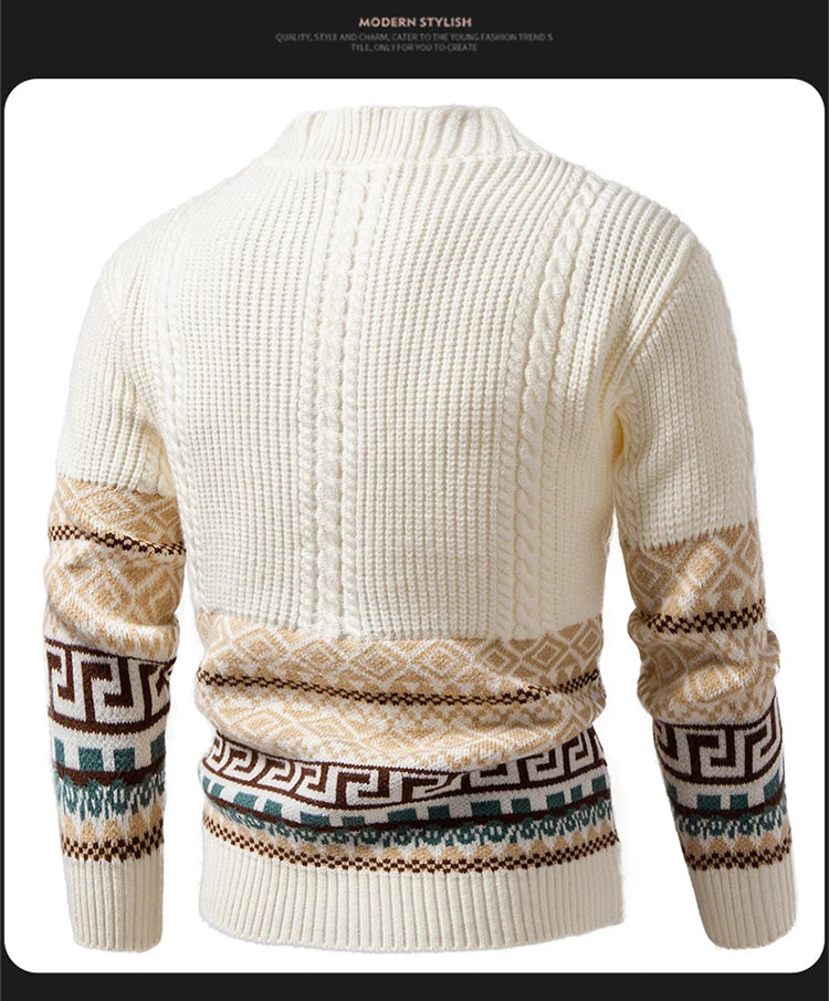 Men's Cable Knit Fair Isle Geometric Striped Cardigan V Neck Button Front Pocket Long Sleeve Sweater Autumn Winter Casual