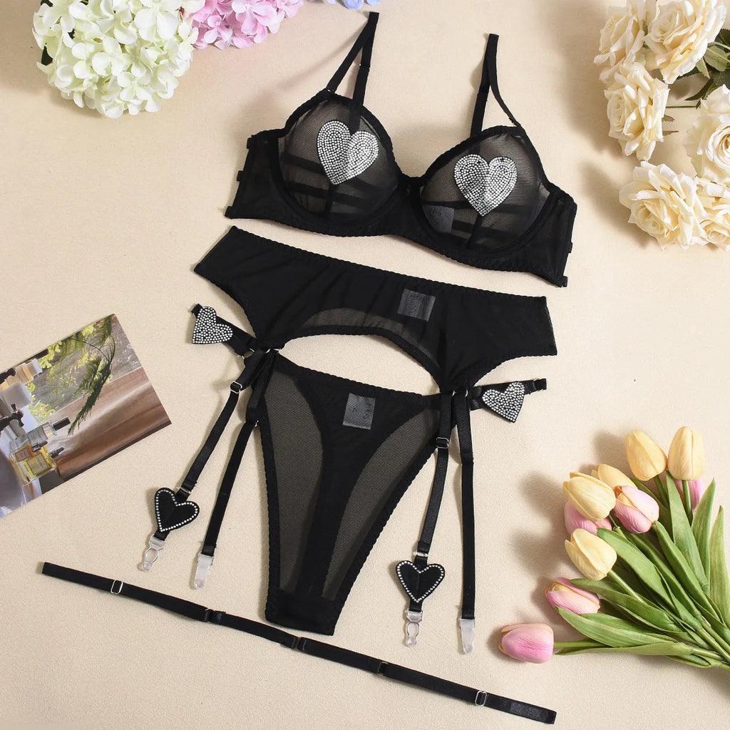 Ellolace Daring Women's Lingerie Sets Fancy Sexy Bra Belt Thong 3PC with Leg Circles Romantic Heart Rhinestone Women Underwear