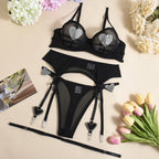 Ellolace Daring Women's Lingerie Sets Fancy Sexy Bra Belt Thong 3PC with Leg Circles Romantic Heart Rhinestone Women Underwear