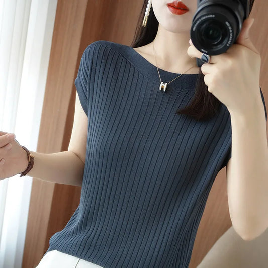 Spring Summer T-shirt Women Short Sleeves Slim Striped Innerwear Slash Neck Fashion Korean Loose Knitted T-shirt Sweater 2026