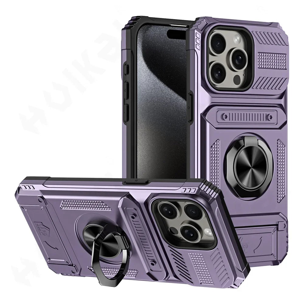 Military Quality Case for iPhone 11 13 14 15 16 Pro Max Magnetic Rotated Ring Kickstand Heavy Duty Drop Protection Wallet Cover
