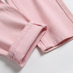 Men's Pleated Patch Denim Biker Jeans Streetwear Pink White Cotton Pants Ripped Patchwork Slim Straight Trousers