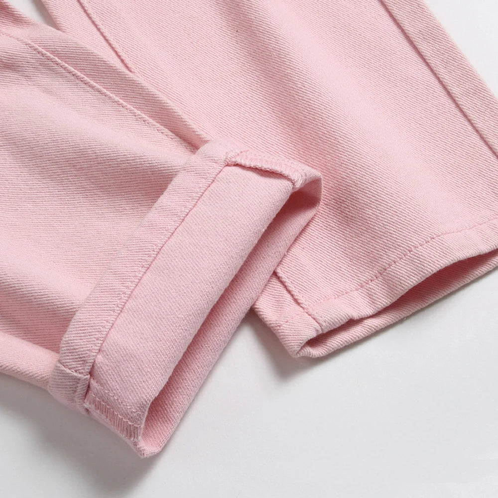 Men's Pleated Patch Denim Biker Jeans Streetwear Pink White Cotton Pants Ripped Patchwork Slim Straight Trousers