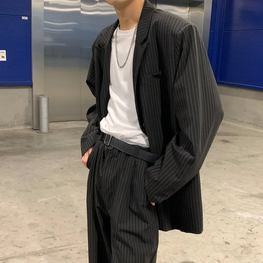 Spring Summer New Fashion Men's Korean Striped 2-piece Set Suits Blazers Pants Casual Trendy Straight Business Suit Male Sets