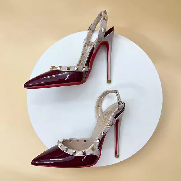 New Sexy Wine Red European and American High Heels for Women Slim Heels Pointed Toes, Shallow Mouth, Riveted Single Shoe Sandals