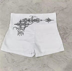 Women Y2K White High Waist Biker Shorts Front Letter Print Back Gothic Cross Stretch Skinny Summer Street Workout Mini Bottoms