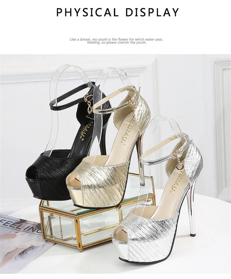 Sexy Super High Heels 14cm Fashion Wrinkled Leather Shoes Women Sandals Summer Peep Toe Platform Metal Buckle Female Pumps Party