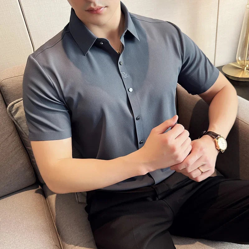 Men's White Business Casual Shirt, Fitted Striped Elastic Short-sleeved Shirt, Exquisite Embroidered Summer Formal Work Uniform.