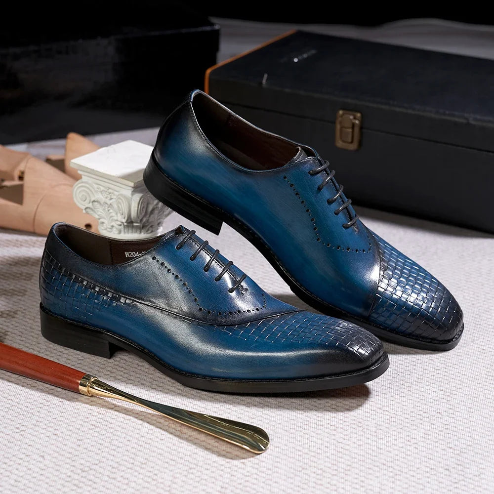 Men's Genuine Leather Oxfords Fashion Pointed Toe Wedding Party Dress Shoes Luxury Lace-Up Office Career Formal