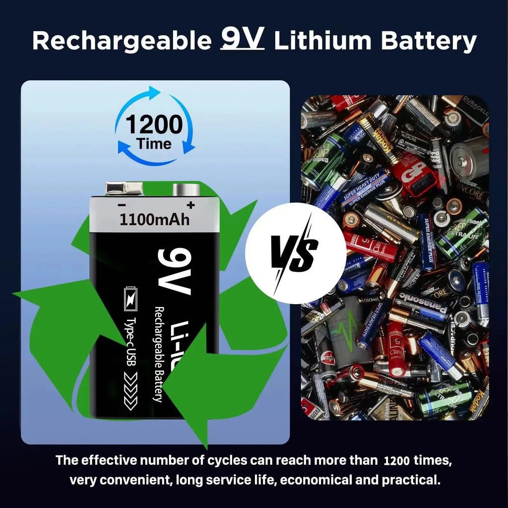 Kuugro USB 9V Rechargeable Battery 1100mAh Type-C Rechargeable 6F22 9V Li-ion Battery for RC Helicopeter Model Multimeter Toy