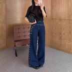 KT 2026 New Women's Dark Blue Wide Leg Jeans Gold Studded Detail High Waist Pocket Decorative Denim Pants