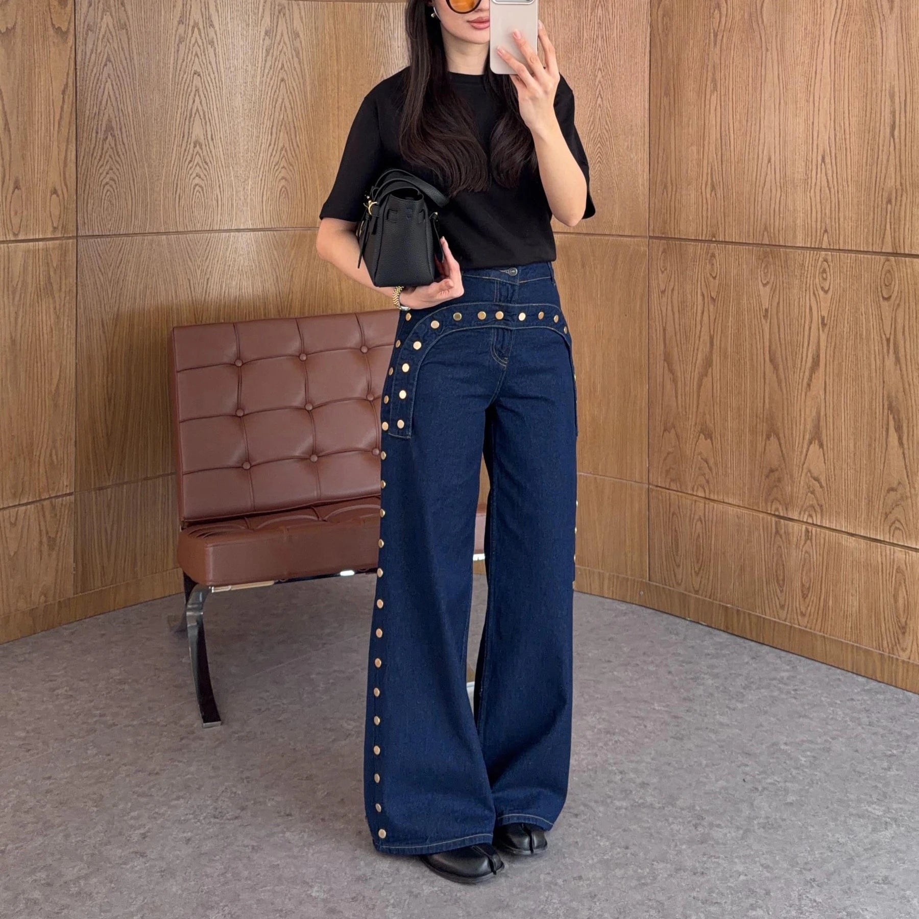 KT 2026 New Women's Dark Blue Wide Leg Jeans Gold Studded Detail High Waist Pocket Decorative Denim Pants