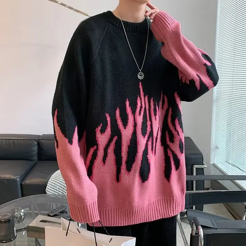 Fashion Gradient Flame Print Oversized Long Sleeve Sweaters Casual Pullovers Men's Clothing All-match Korean Loose Knitting Tops