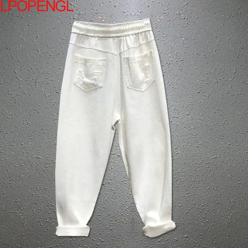 Women's Spring And Summer Personality Color Sequins Ripped Jeans New Drawstring Loose Straight Streetwear Denim Harem Pants