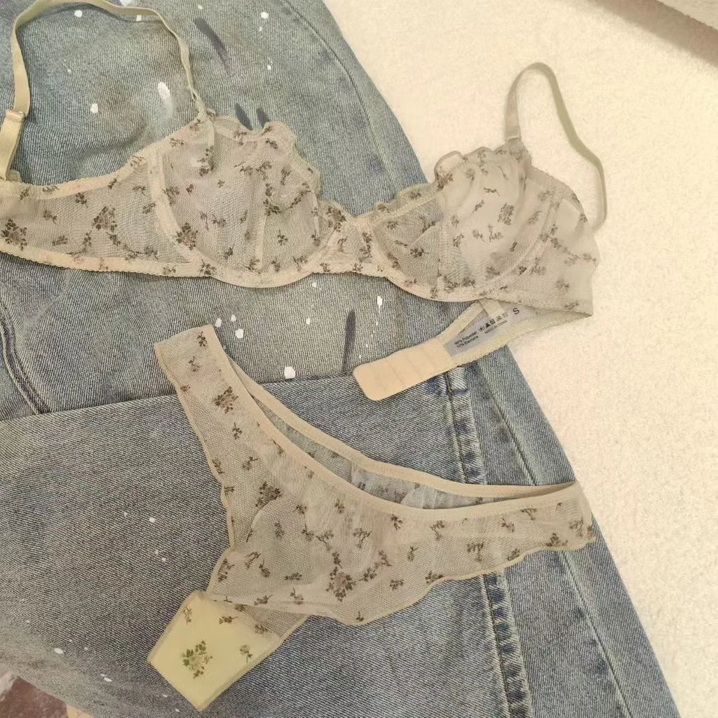 Fashion Floral Prints Women Lingerie Set Fashion Sexy Lace Bra French Ultra Thin Breathable Intimates Bralette Soft Underwear