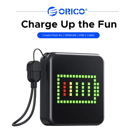 ORICO 5000mAh Pixel Art Power Bank with Built-in USB-C Cable 256 LED Beads Custom DIY Portable Charger for Smartphones