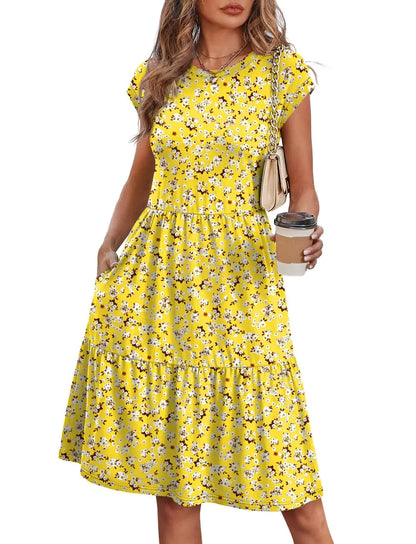 Women Cap Sleeve Casual Tiered Swing Dress Floral Print Summer Beach Vacation Dress
