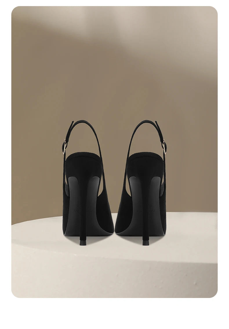 New Baotou fine heeled sandals for women, black with a buckle strap and a back strap, fashionable suede high heels