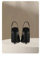 New Baotou fine heeled sandals for women, black with a buckle strap and a back strap, fashionable suede high heels