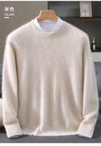 Autumn Winter 100% Mink Cashmere Sweater Men's Round Neck Pullover Loose Solid Color Plus Size Base Knit Business Casual Sweater