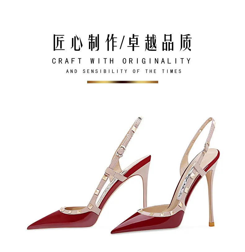 New Sexy Wine Red European and American High Heels for Women Slim Heels Pointed Toes, Shallow Mouth, Riveted Single Shoe Sandals