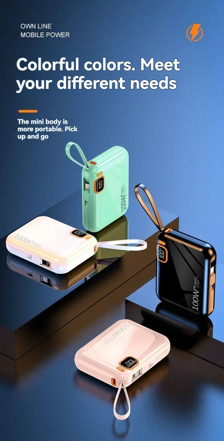 Portable Mini Power Bank, 66W, 20000mAh, Built-in Cable, PD20, Super Fast Charging, Compact, New