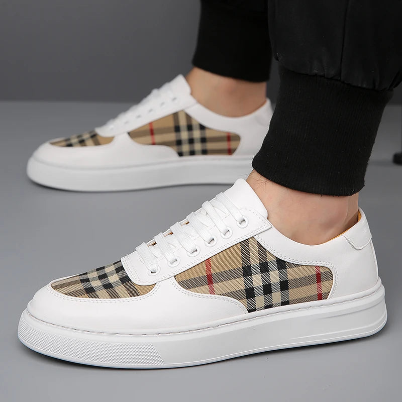 Men Classic Checkered Patchwork Thick Soled Casual Board Shoes Shock-absorbing Breathable Fashionable Commuting Street Shoes