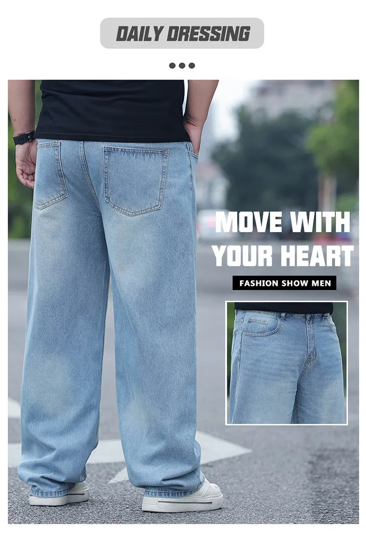 FENROOST Plus Size Men's High Waist Straight Leg Jeans Four Seasons Loose Baggy Denim Trousers Casual Versatile Long Pants New