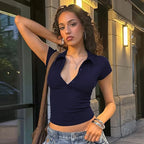 Hugcitar Women'S Fashion Short Sleeve Solid Polo Neck Buttons Sexy Crop T-Shirt Top Summer Female Clothes Streetwear Holiday