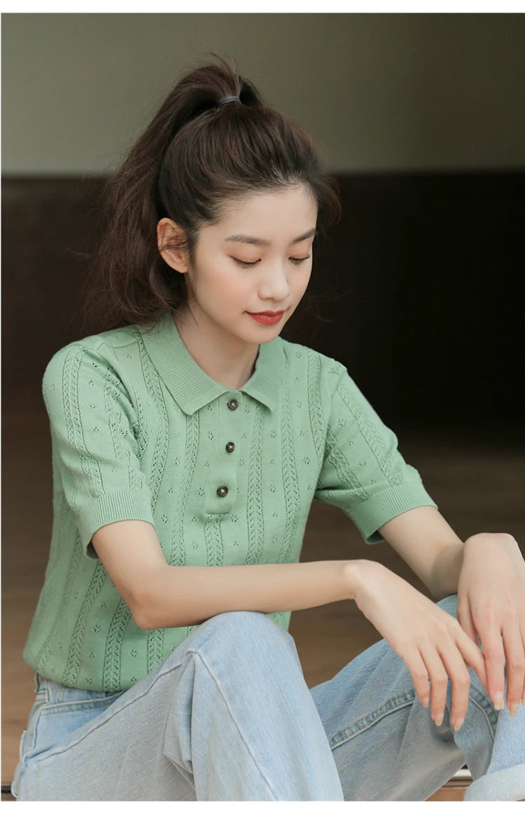 New Summer Fashion 100% Cotton Women Hollow-out Sweater T-shirt Short-sleeve Polo Collar Pullover Tees Korea Casual Knitted Tops