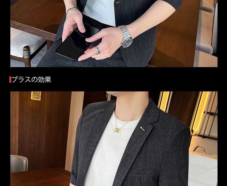 Men's Summer New Slim Fit 3/4 Sleeve Blazer Set Thin Seven-Point Sleeve Suit Outfit Casual Business Two-Piece Set