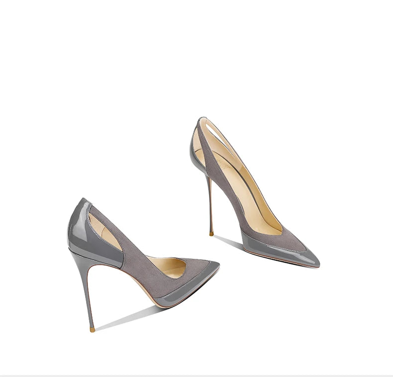French style gray patent leather patchwork design with a sense of autumn new style pointed toe slim heel high heels for women